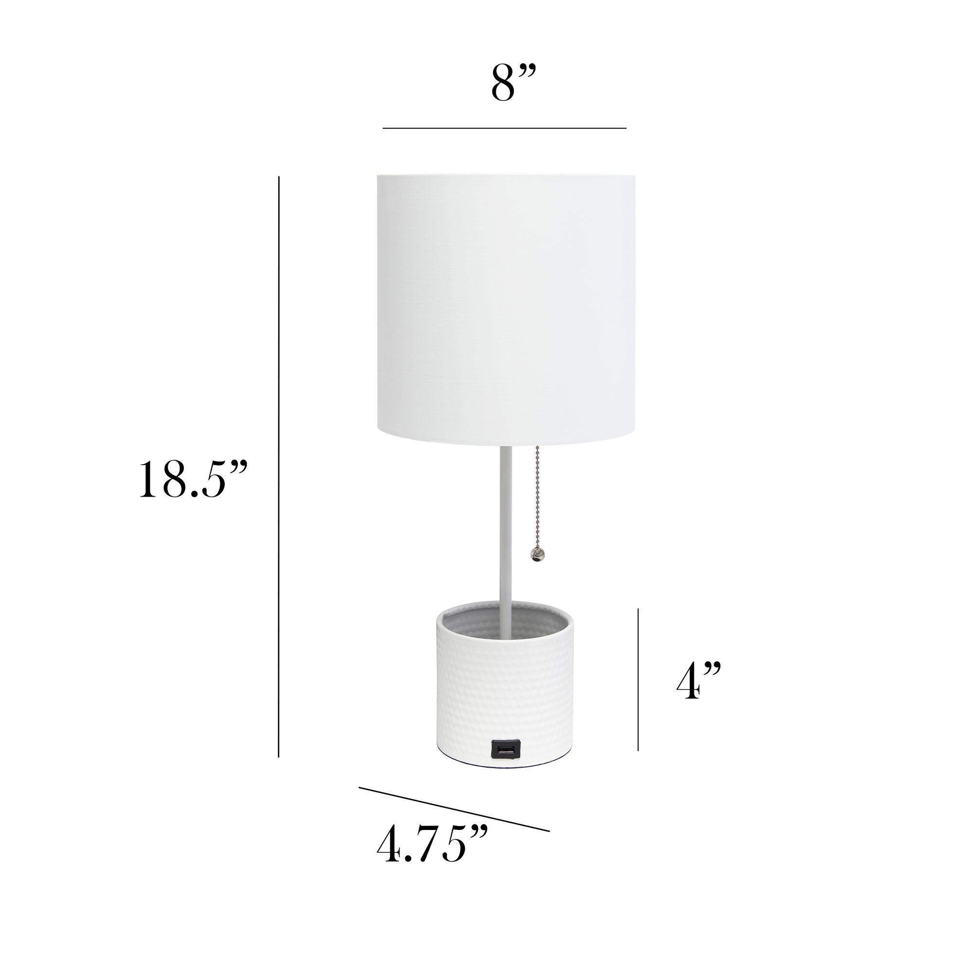 Simple Designs White Hammered Metal Table Lamp with Organizer and USB Port