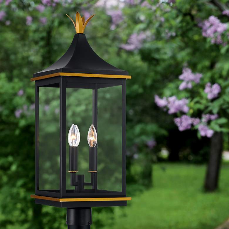 Image 1 Simpson 3 Light Matte Black + Textured Gold Outdoor Post
