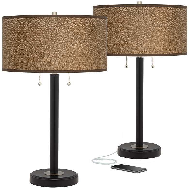 Image 1 Simulated Leatherette Arturo Bronze USB Table Lamps Set of 2
