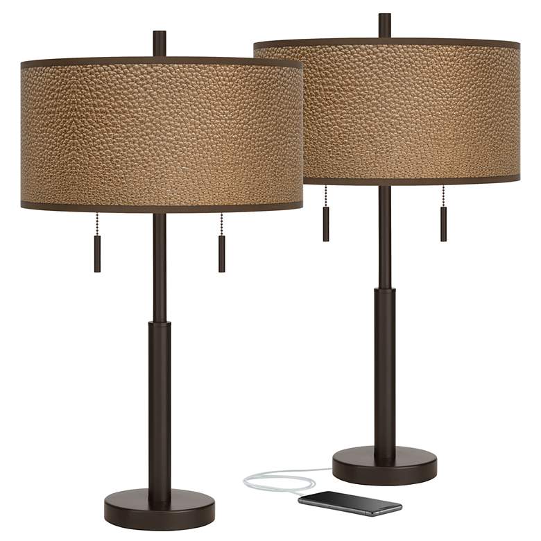 Image 1 Simulated Leatherette Robbie Bronze USB Table Lamps Set of 2