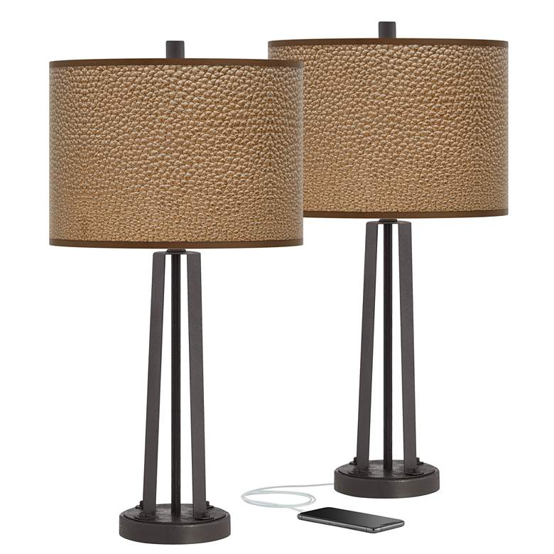 Image 1 Simulated Leatherette Susan Dark Bronze USB Table Lamps Set of 2