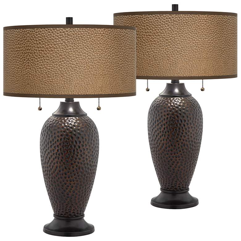 Image 1 Simulated Leatherette Zoey Hammered Bronze Table Lamps Set of 2