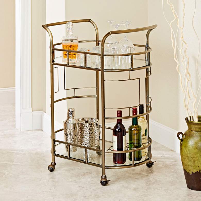 Image 1 Sinclair 26 1/2" Antique Gold and Glass 2-Tier Serving Bar Cart