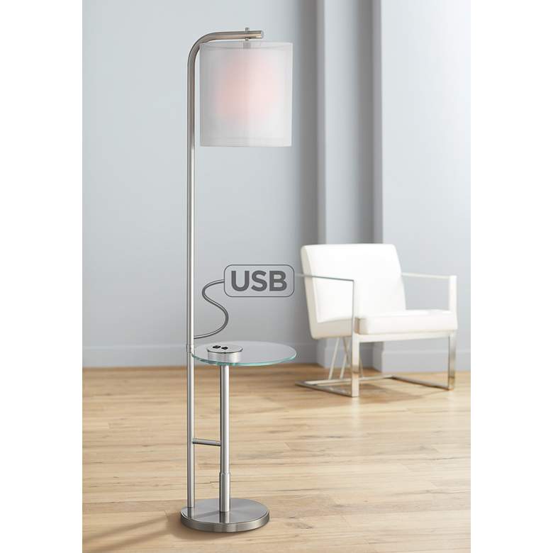 Image 1 Sinclair Brushed Nickel Tray Table Floor Lamp with USB Port
