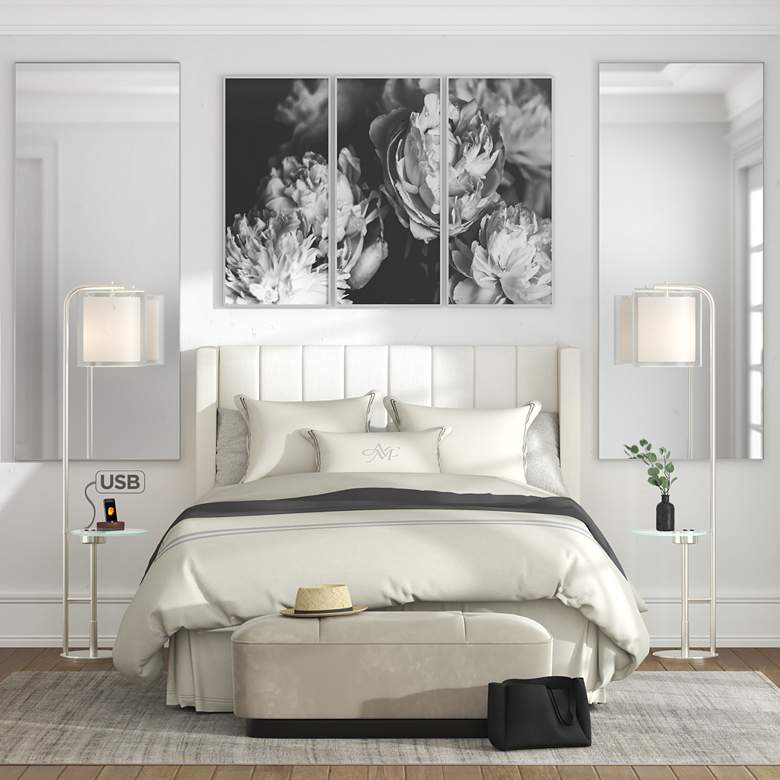 Image 1 Sinclair Brushed Nickel Tray Table USB Floor Lamps Set of 2