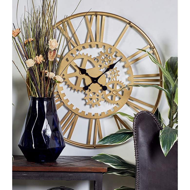 Image 1 Sinclair Distressed Gold 32 inch Round Metal Wall Clock