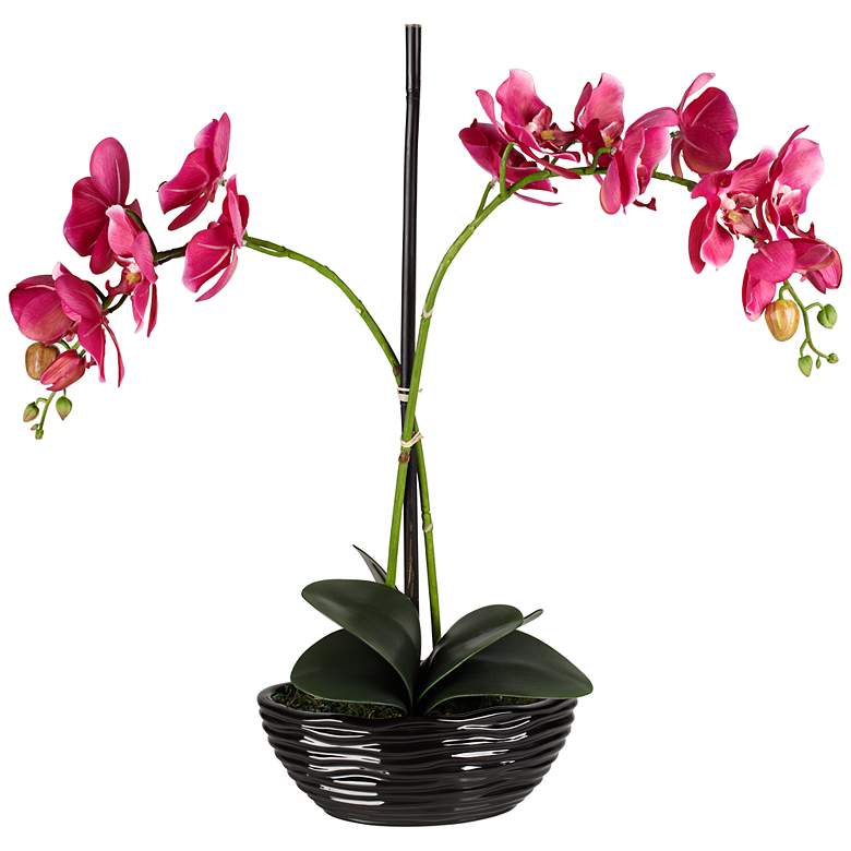 Image 1 Single Stem 20 inch High Single Purple Faux Orchids in Black Pot