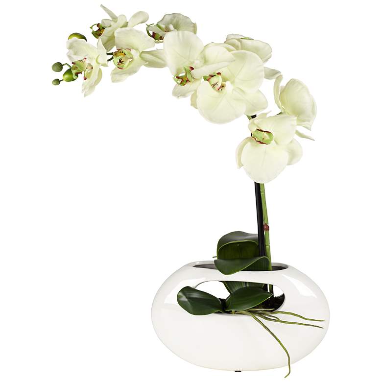 Image 1 Single Stem Yellow 16" High Faux Orchid in White Ceramic Pot