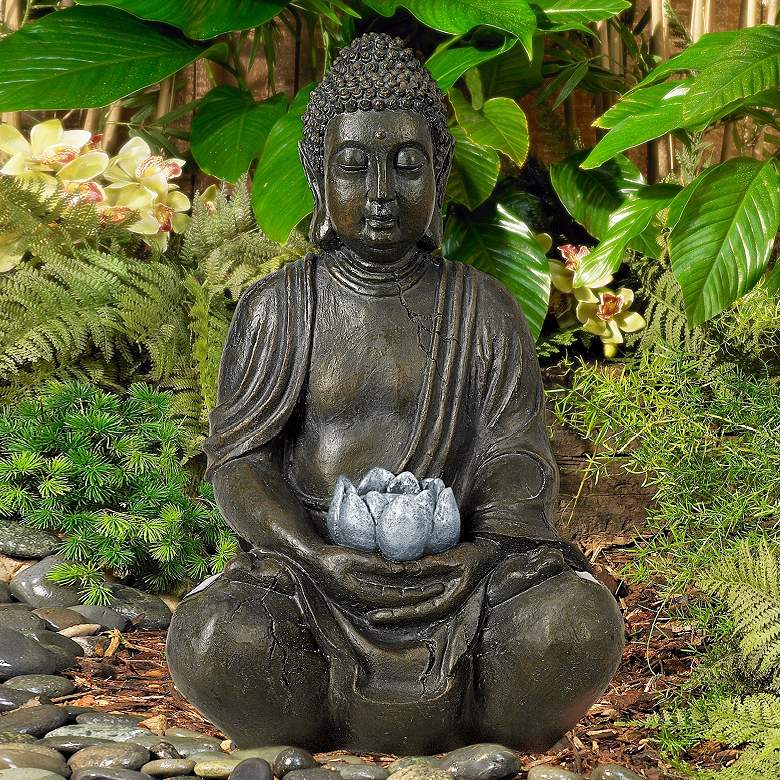 Image 1 Sitting Buddha 19 1/2" Garden Sculpture with Solar Powered LED Light