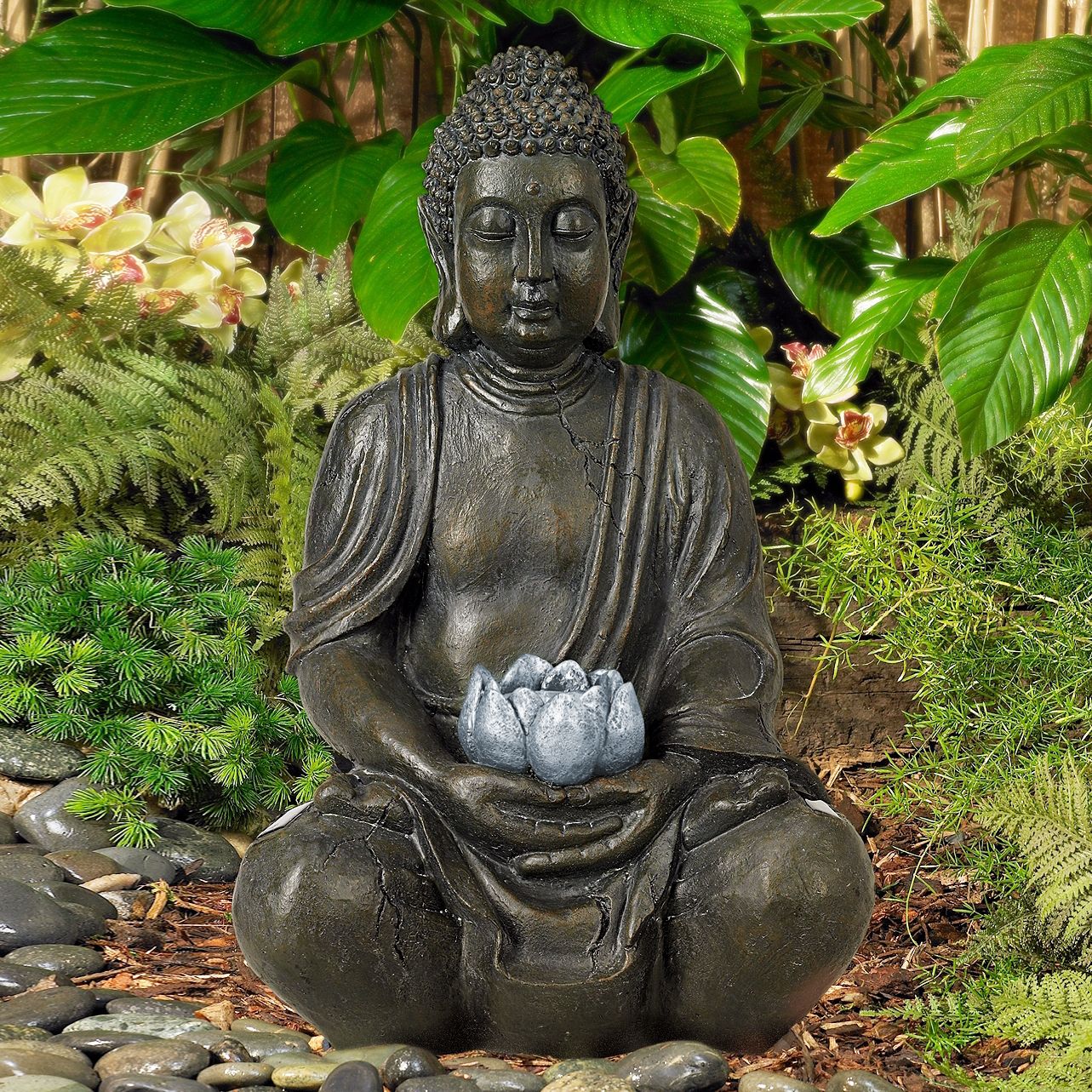 garden buddha with solar light