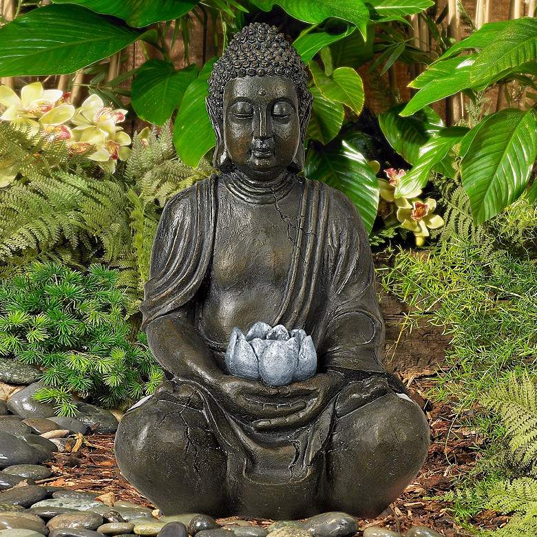 Image 1 Sitting Buddha 19 1/2" High Sculpture with Solar Powered LED