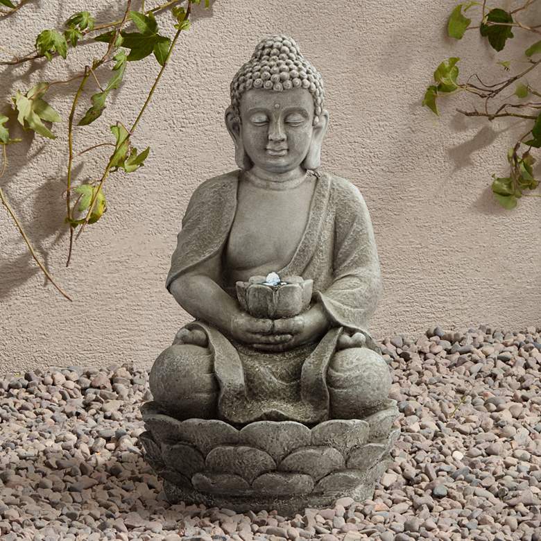 Image 1 Sitting Buddha 22 inch High LED Faux Stone Outdoor Fountain