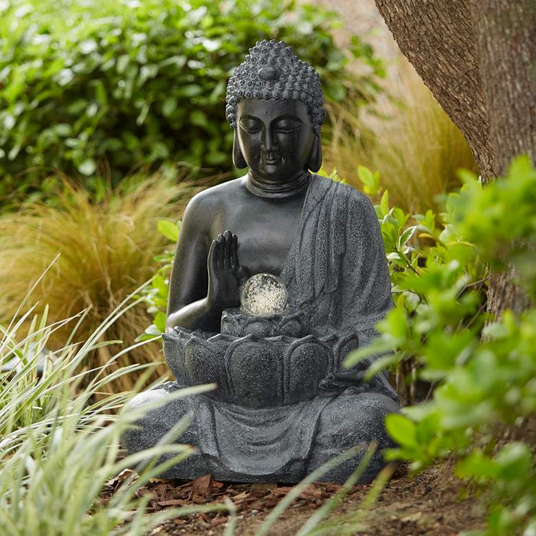 Image 1 Sitting Buddha 28 inch High Stone Finish LED Water Fountain