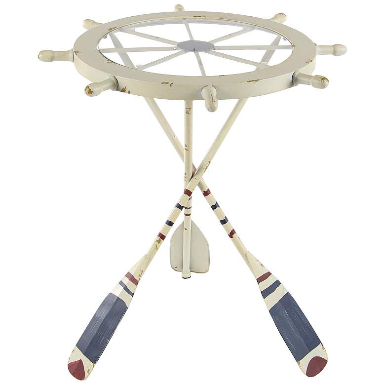 Image 2 Skiffer 23" Wide Distressed White Ship Wheel Accent Table