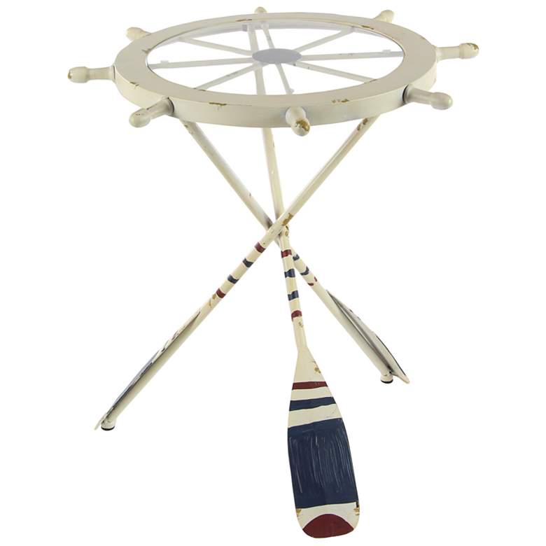 Image 5 Skiffer 23" Wide Distressed White Ship Wheel Accent Table more views