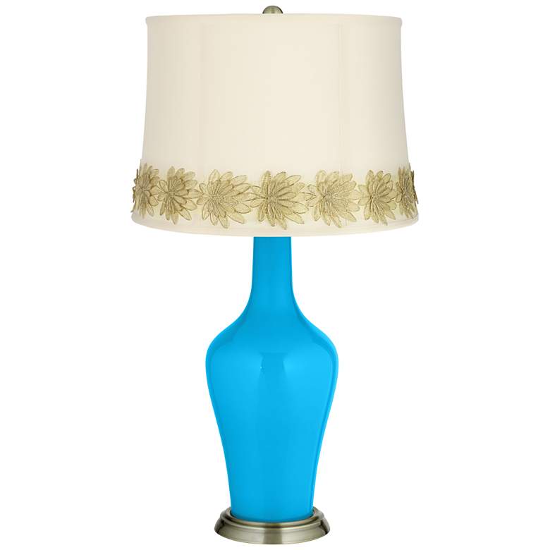 Image 1 Sky Blue Anya Table Lamp with Flower Applique Trim