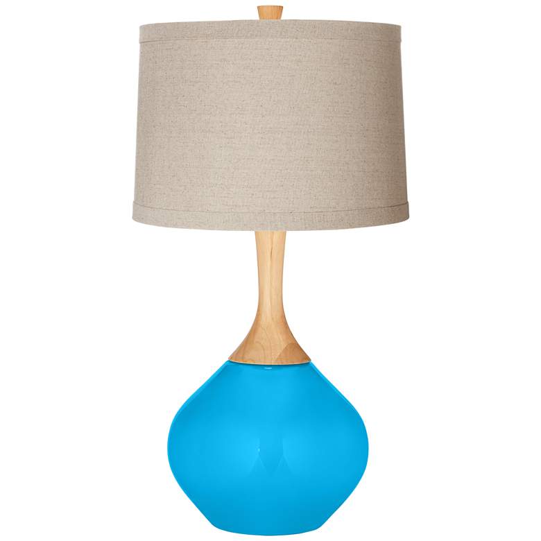 Image 1 Sky Blue Natural Linen Drum Shade Wexler Table Lamp
