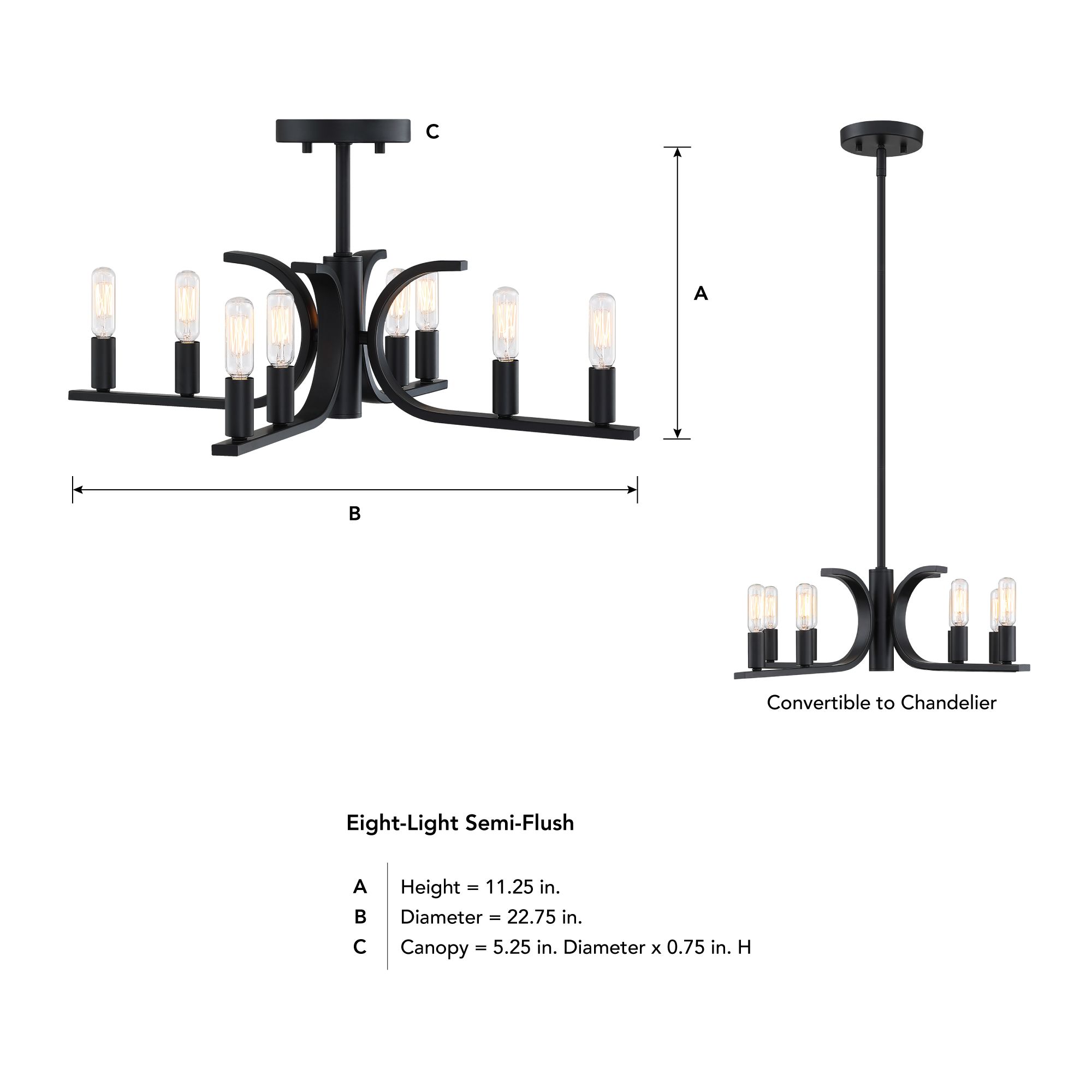 Skye 22.75 in. 8-Light Matte Black Minimalist Semi Flush Mount