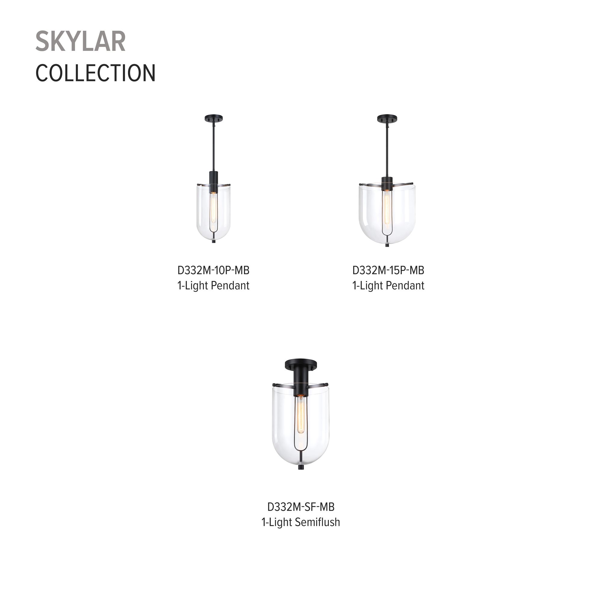 Skylar 10 in. Matte Black Transitional Semi-Flush Mount with  Glass Shade