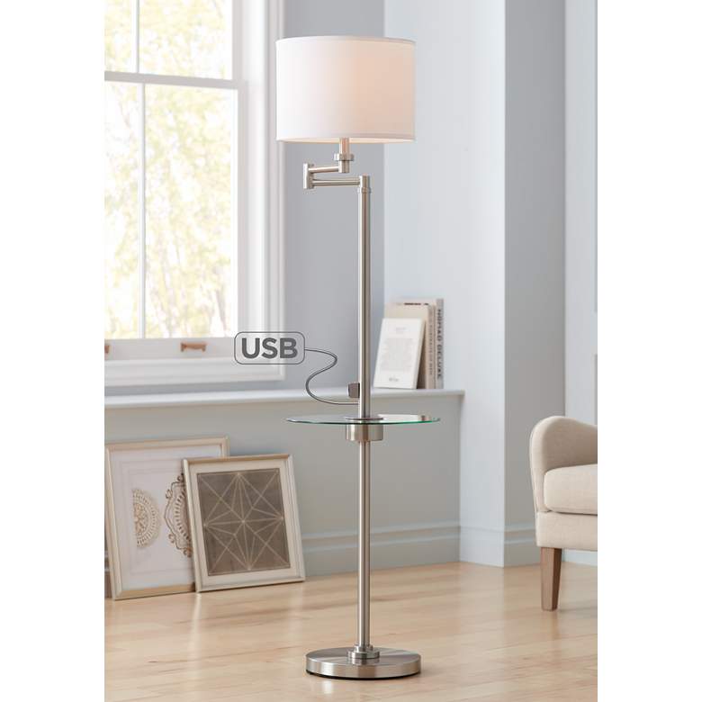 Image 1 Skylar Brushed Nickel Tray Floor Lamp with USB Port