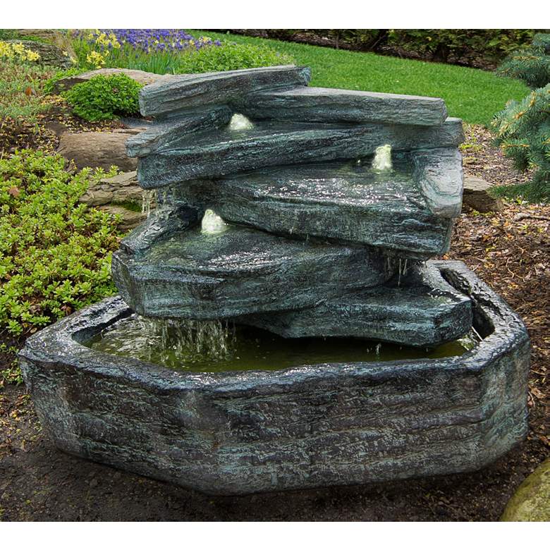 Image 1 Slate Springs 24" High Waterfall Bubbler Fountain with Light