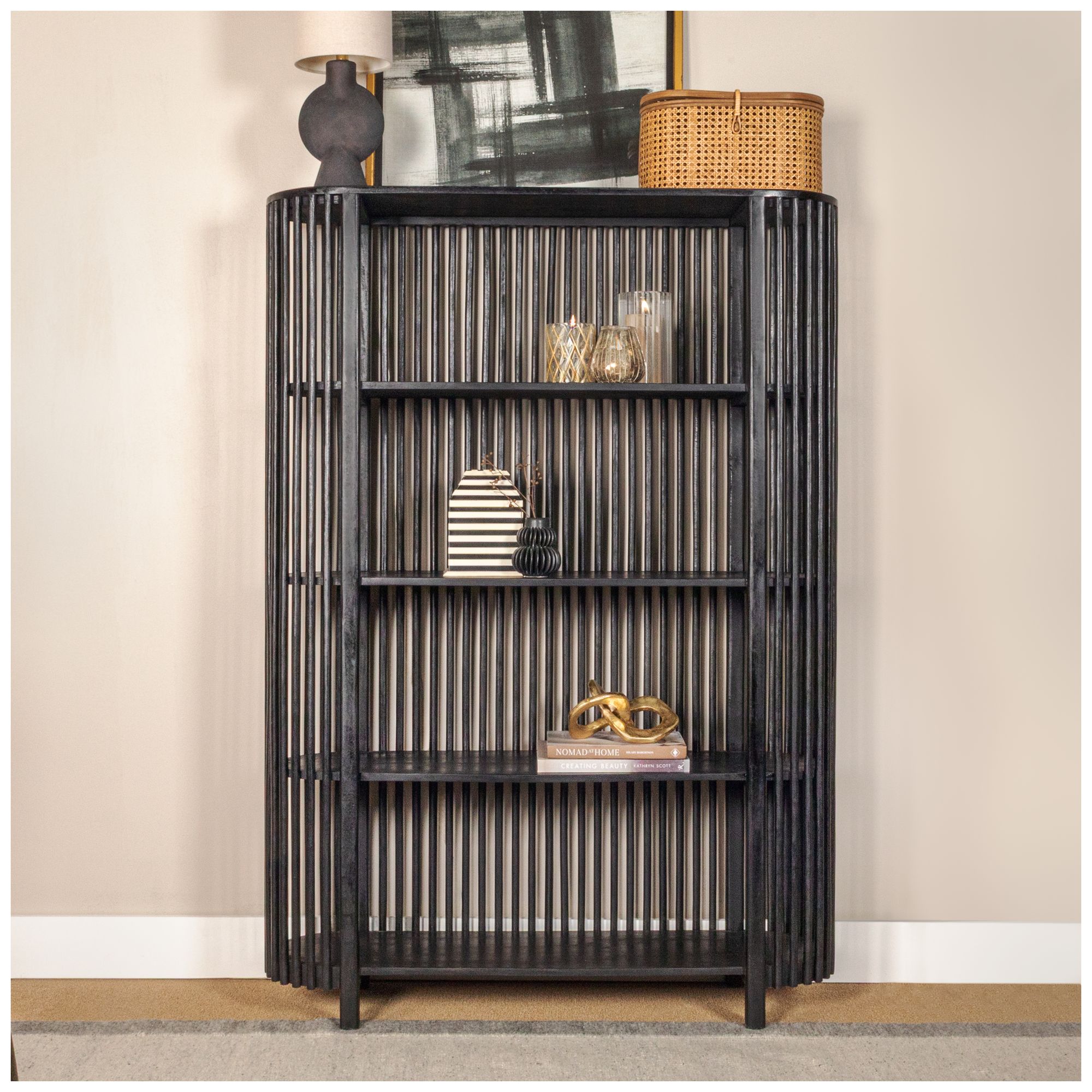 Image 4 Slatted Wood Book Shelf with 3 Shelves and Curved Edge, Black more views