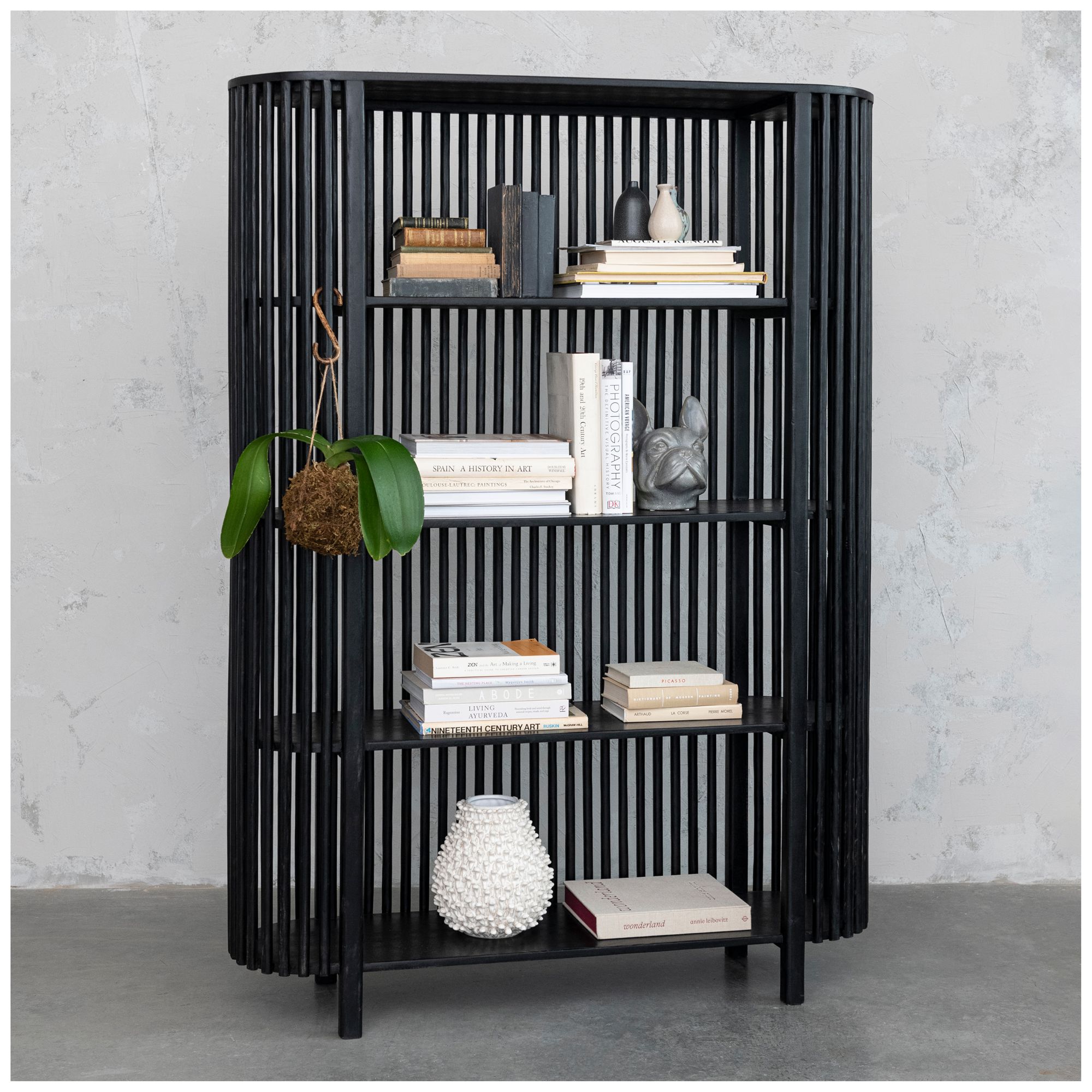 Slatted Wood Book Shelf with 3 Shelves and Curved Edge, Black