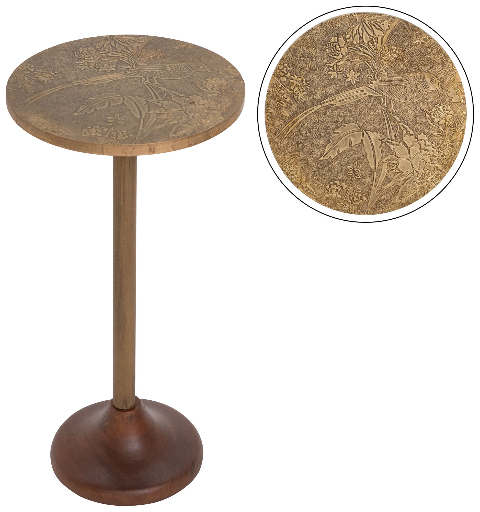 Image 3 Slender Brass Side Table Textured Gold Top & Wooden Pedestal Base more views