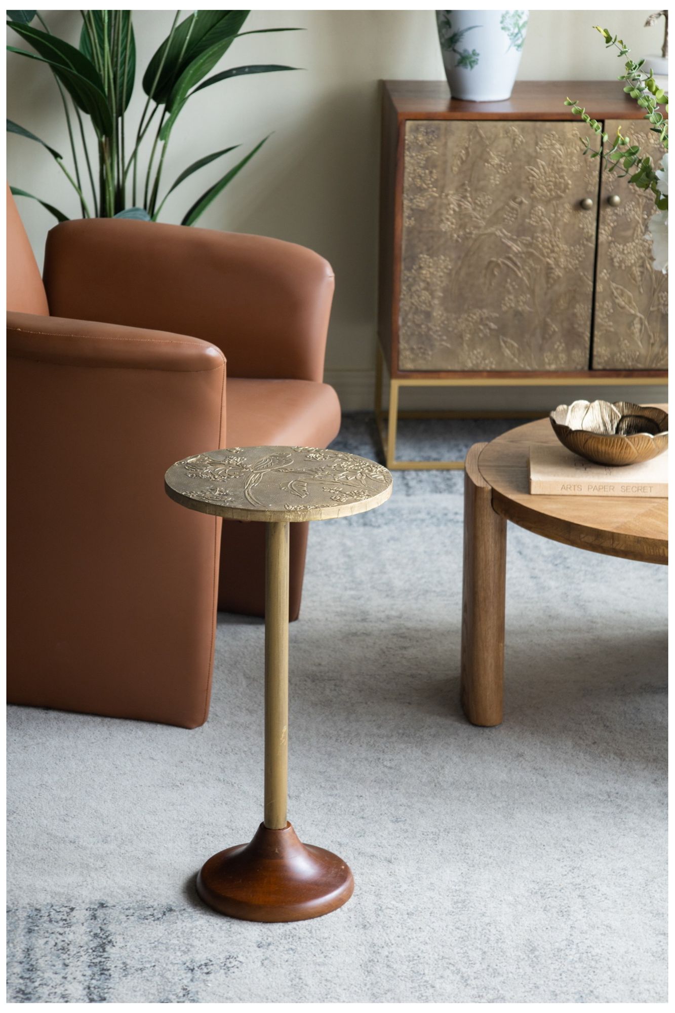Image 5 Slender Brass Side Table Textured Gold Top & Wooden Pedestal Base more views
