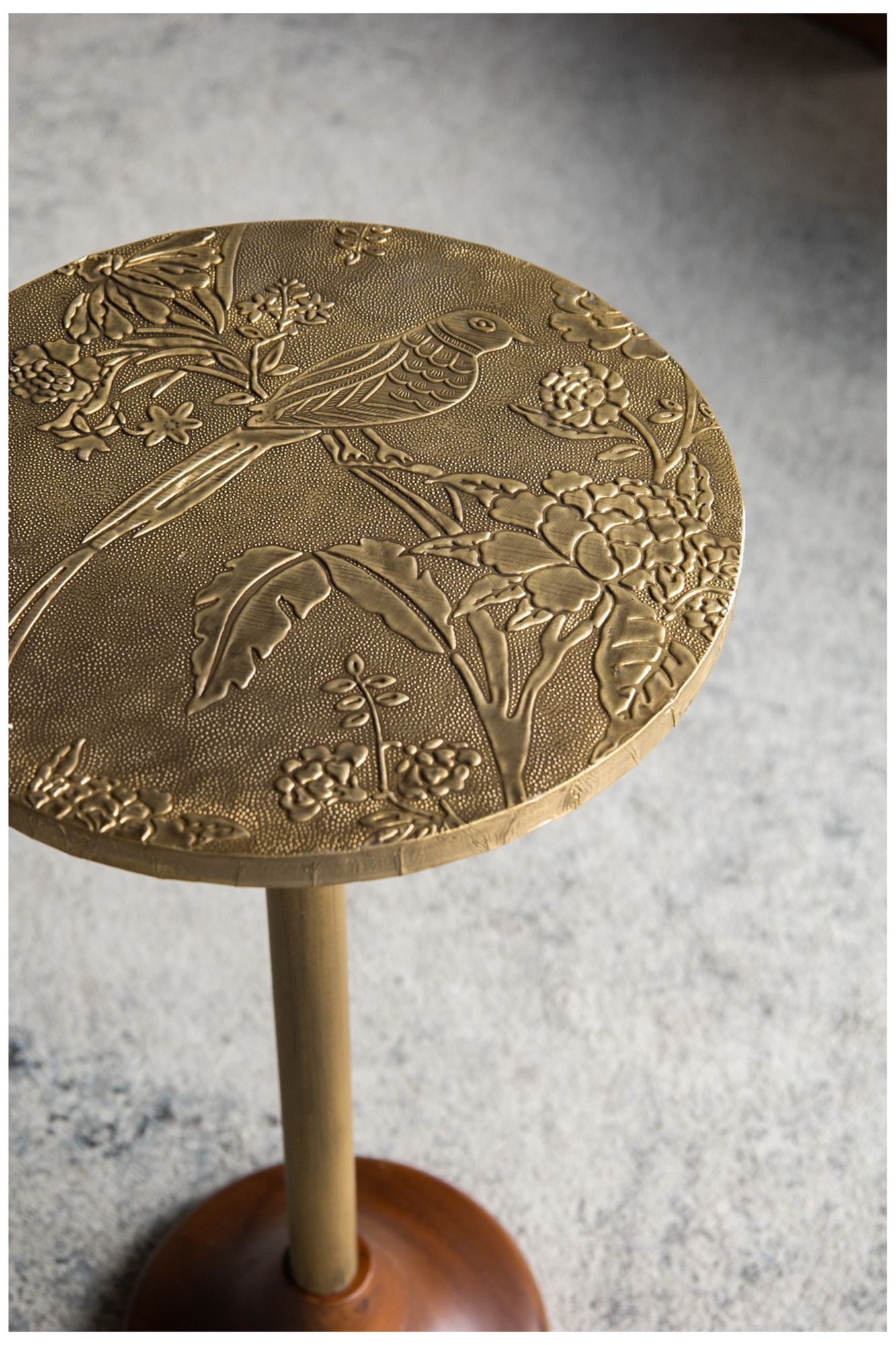 Image 6 Slender Brass Side Table Textured Gold Top & Wooden Pedestal Base more views