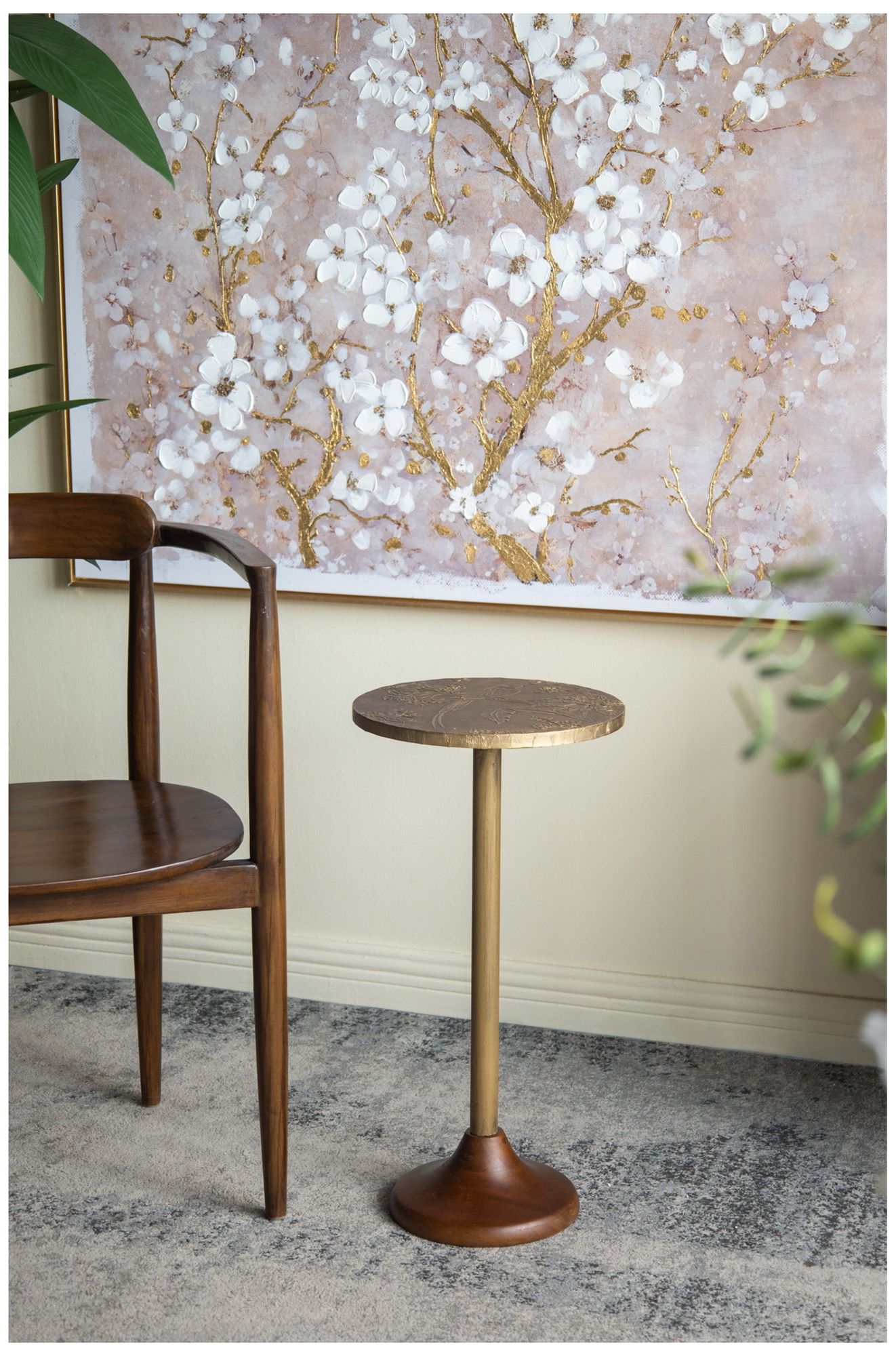 Image 7 Slender Brass Side Table Textured Gold Top & Wooden Pedestal Base more views