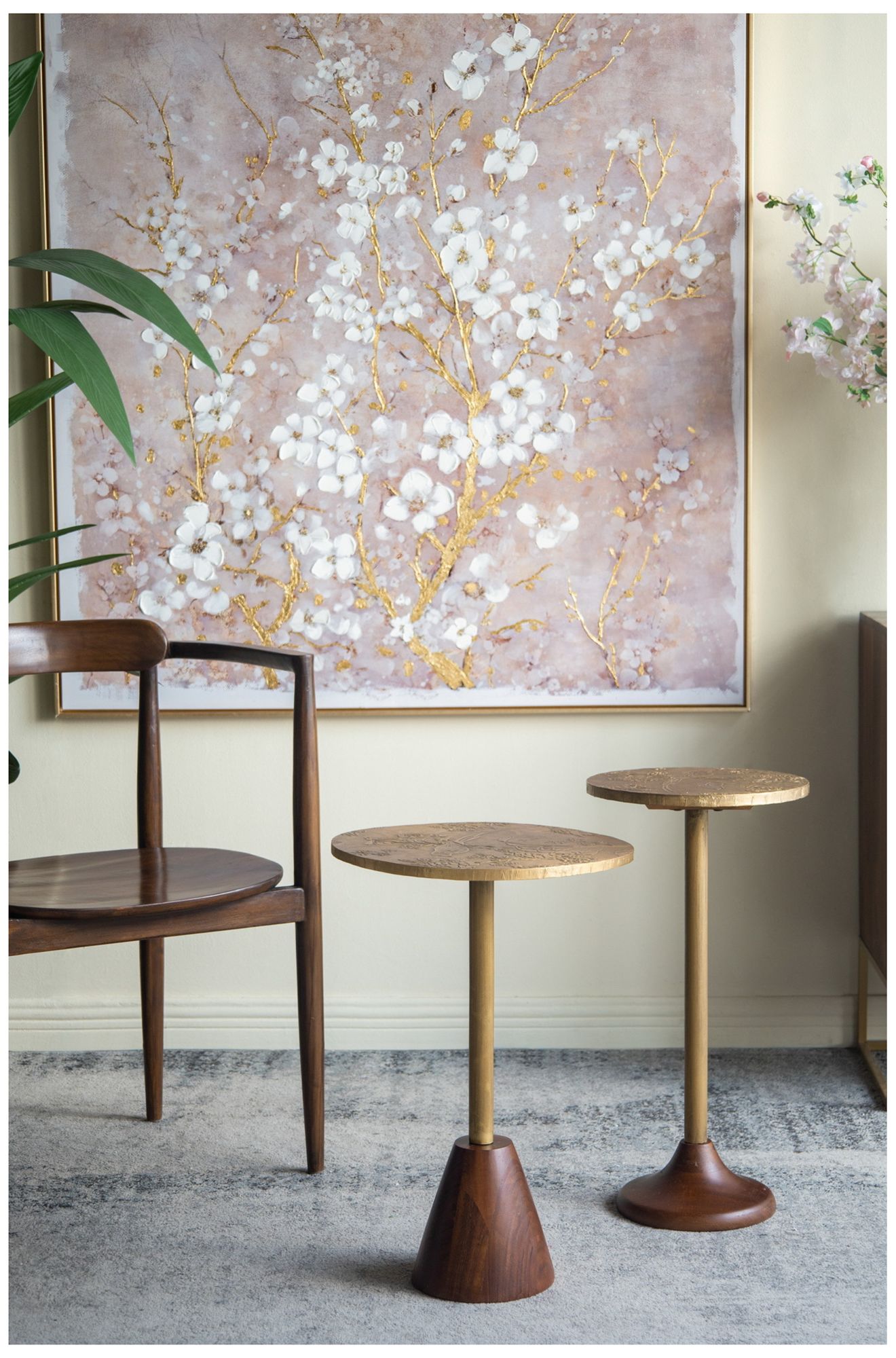 Slender Brass Side Table Textured Gold Top & Wooden Pedestal Base