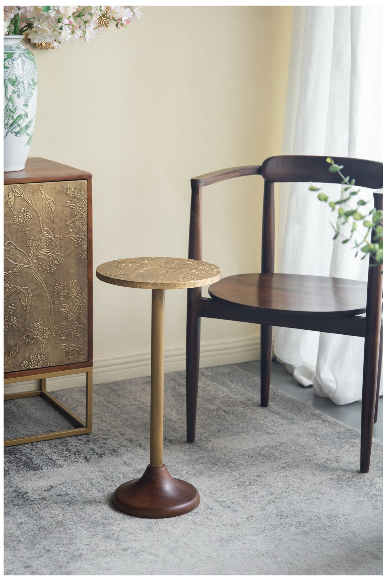 Slender Brass Side Table Textured Gold Top & Wooden Pedestal Base