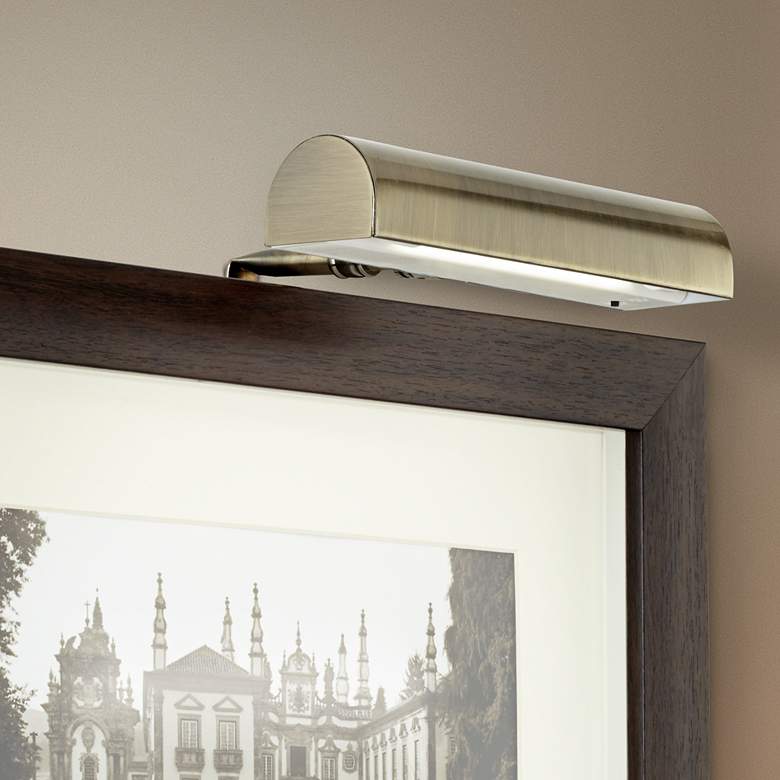 Image 1 Slimline Brass 8" Wide Cordless Battery Powered LED Picture Light