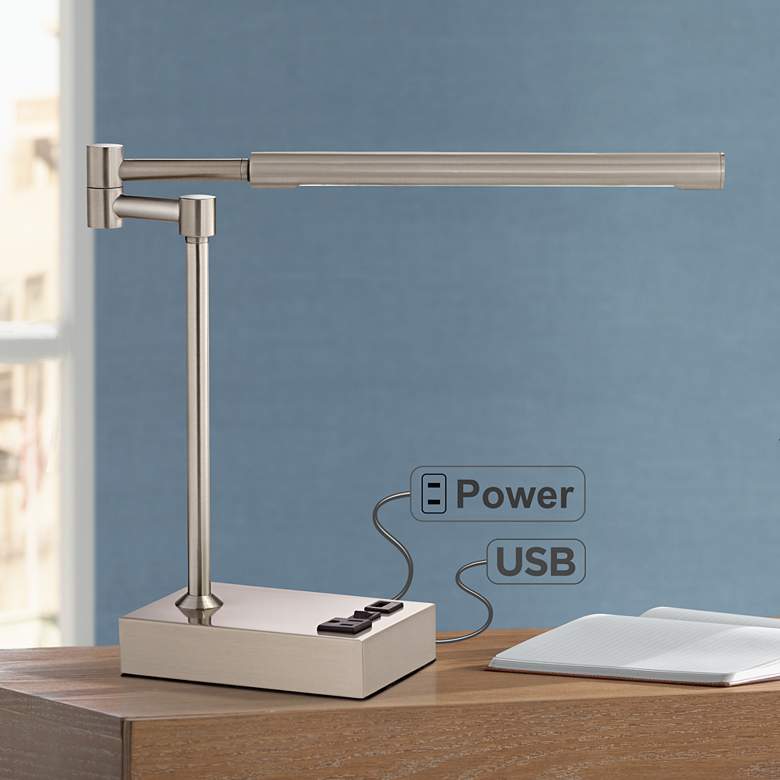 Slimline Swing Arm LED Desk Lamp with Outlet and USB Port