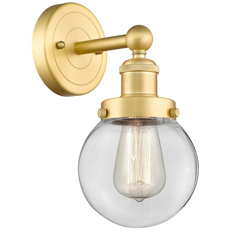 Image 1 Small Beacon 10"High Satin Gold Sconce With Clear Shade