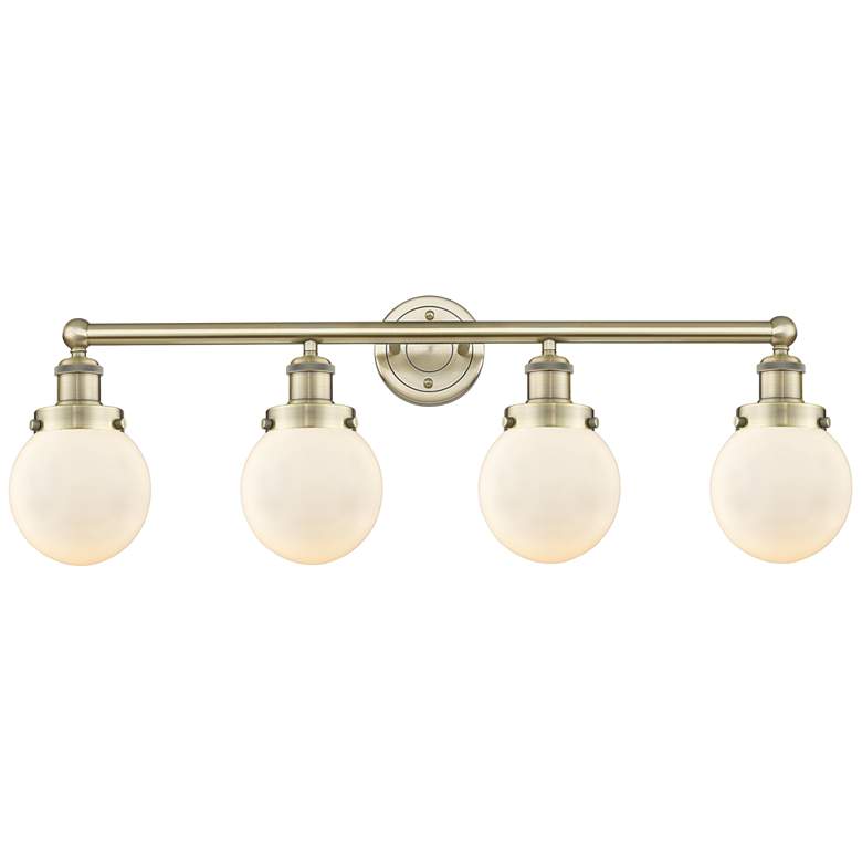 Image 1 Small Beacon 33.5"W 4 Light Antique Brass Bath Light With White Shade