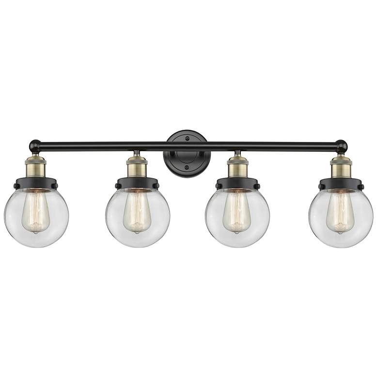 Image 1 Small Beacon 33.5"W 4 Light Black Brass Bath Vanity Light w/ Clear Sha