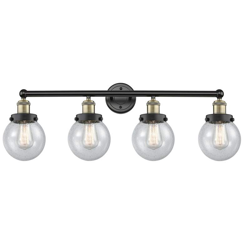 Image 1 Small Beacon 33.5"W 4 Light Black Brass Bath Vanity Light w/ Seedy Sha