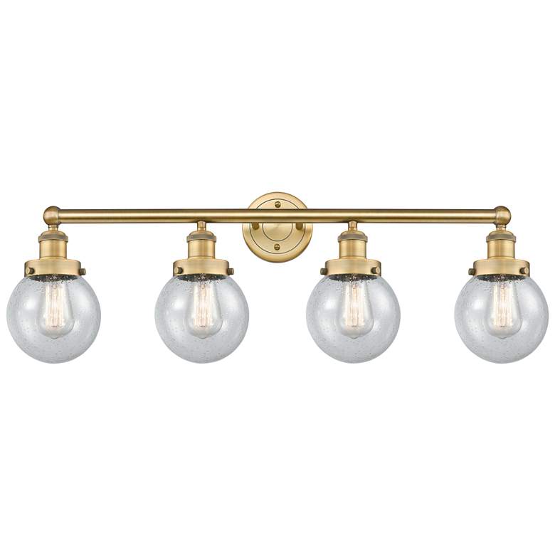 Image 1 Small Beacon 33.5"W 4 Light Brushed Brass Bath Light With Seedy Shade