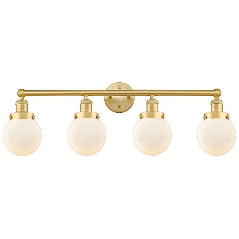 Image 1 Small Beacon 33.5"W 4 Light Satin Gold Bath Light w/ Matte White Shade