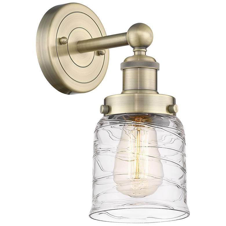 Image 1 Small Bell 10"High Antique Brass Sconce With Clear Deco Swirl Shade
