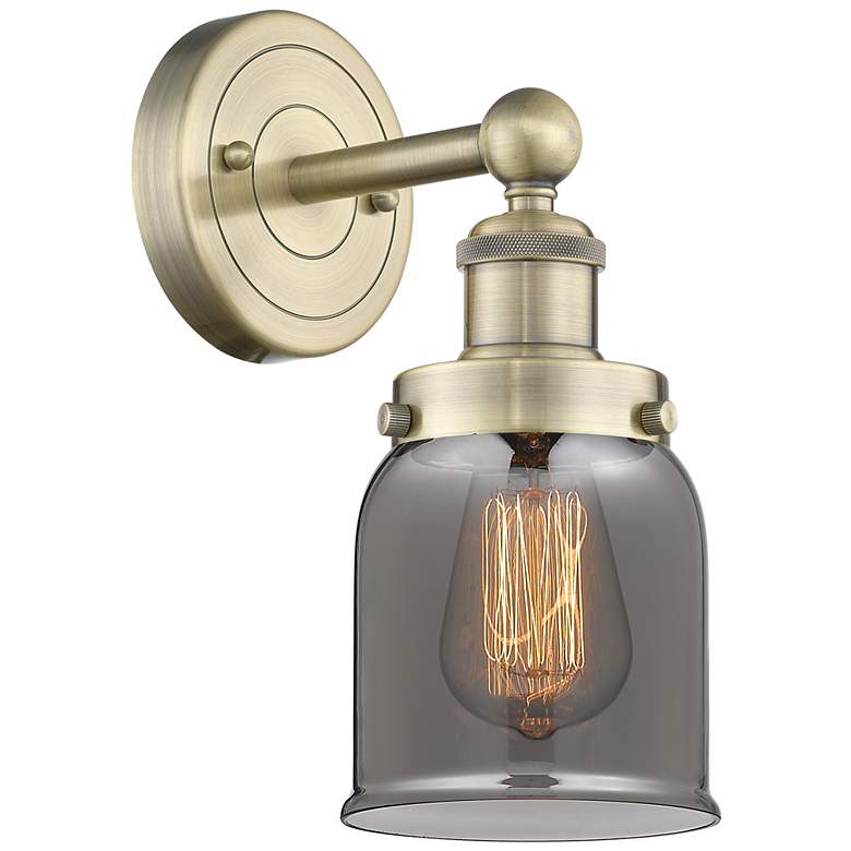 Image 1 Small Bell 10"High Antique Brass Sconce With Plated Smoke Shade