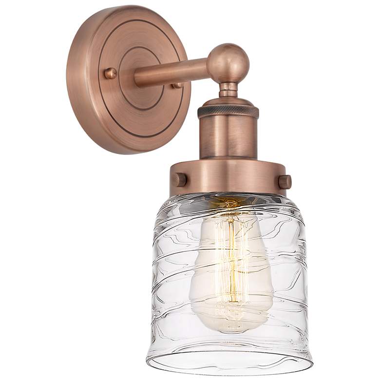Image 1 Small Bell 10"High Antique Copper Sconce With Clear Deco Swirl Shade