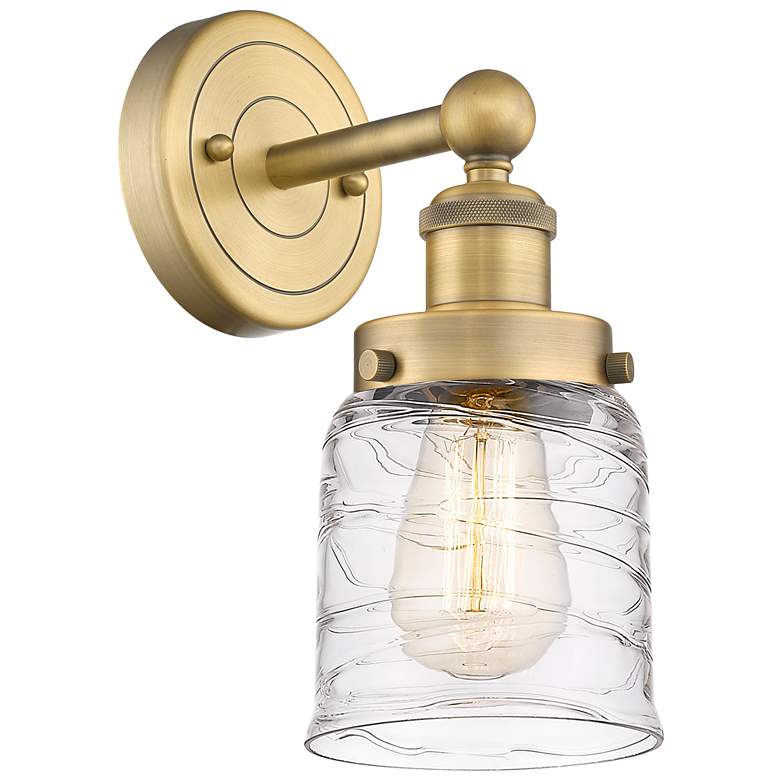 Image 1 Small Bell 10"High Brushed Brass Sconce With Clear Deco Swirl Shade