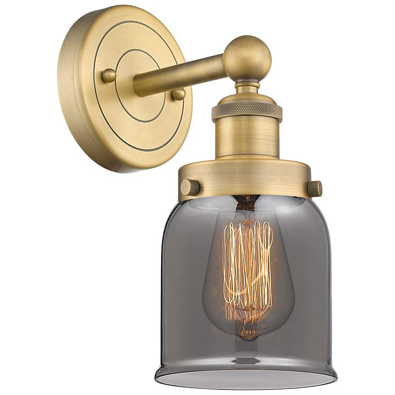 Image 1 Small Bell 10"High Brushed Brass Sconce With Plated Smoke Shade
