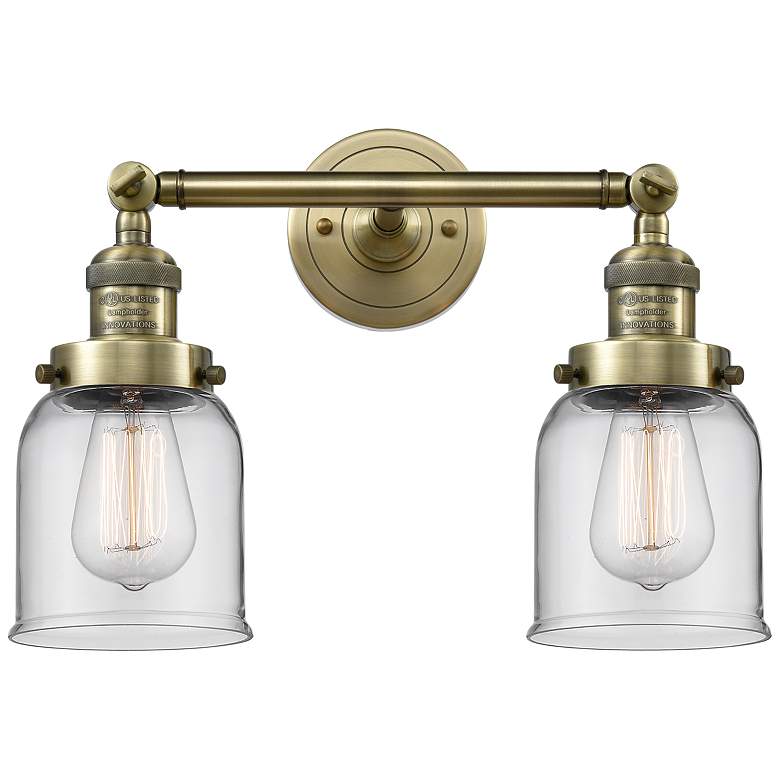 Image 1 Small Bell 16" 2-Light Antique Brass Bath Light w/ Clear Shade