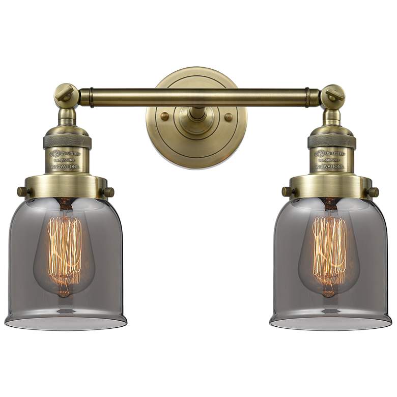 Image 1 Small Bell 16" 2-Light Antique Brass Bath Light w/ Plated Smoke Shade