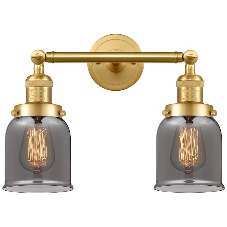 Image 1 Small Bell 16" 2-Light Satin Gold Bath Light w/ Plated Smoke Shade