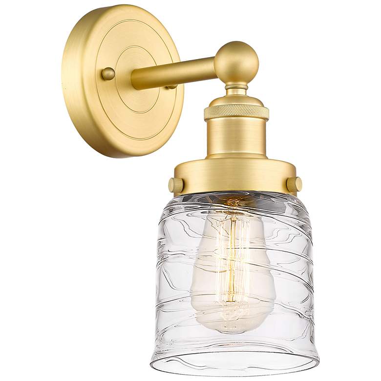 Image 1 Small Bell 2.25" High Satin Gold Sconce With Deco Swirl Shade